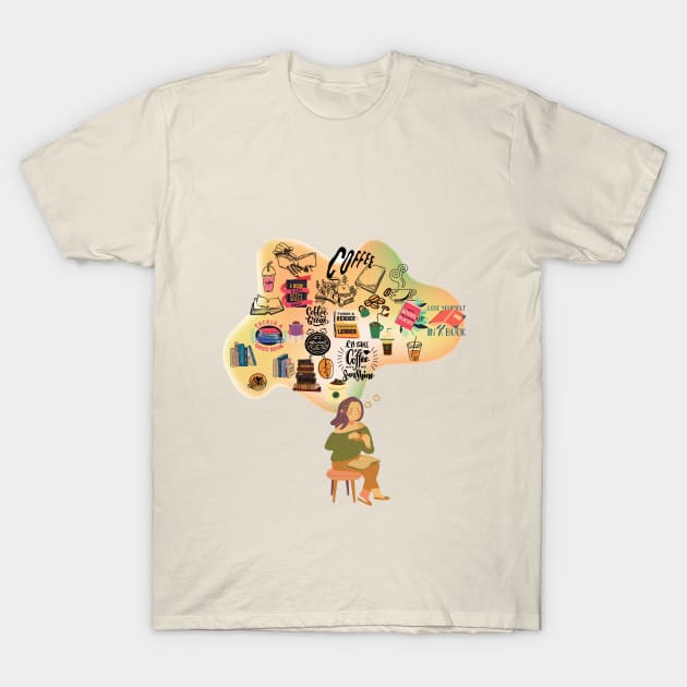 A girl drinking coffee and reading a book while imagining all things books and coffee T-Shirt by Haze and Jovial